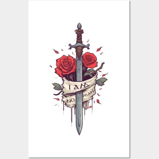 I am no man - Sword, Roses and Banner - White - Fantasy Posters and Art